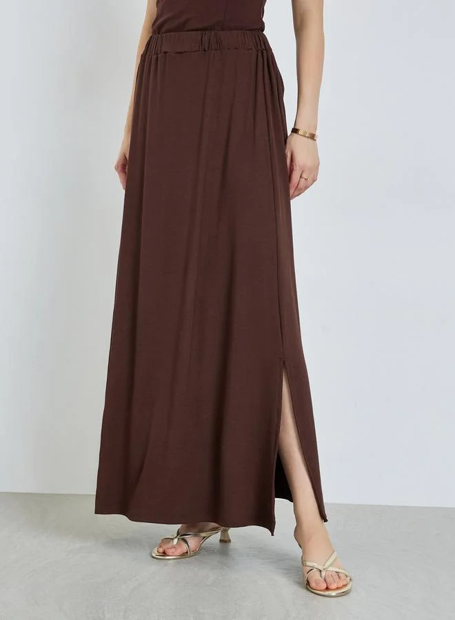 Styli Women Brown Maxi Skirt with Side Slit